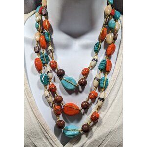 Bohemian Multilayer Blue And Orange Glass And Wood Beaded Necklace